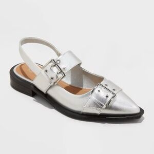 Women's silver Wild Fable Peyton Double Buckle Slingback Flats with Memory Foam